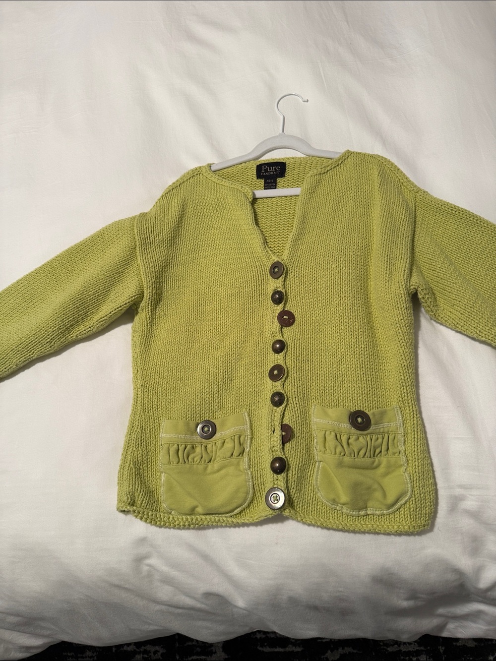 Pure Lime Green Button-Front Cardigan with Ruched Pocket Detailz